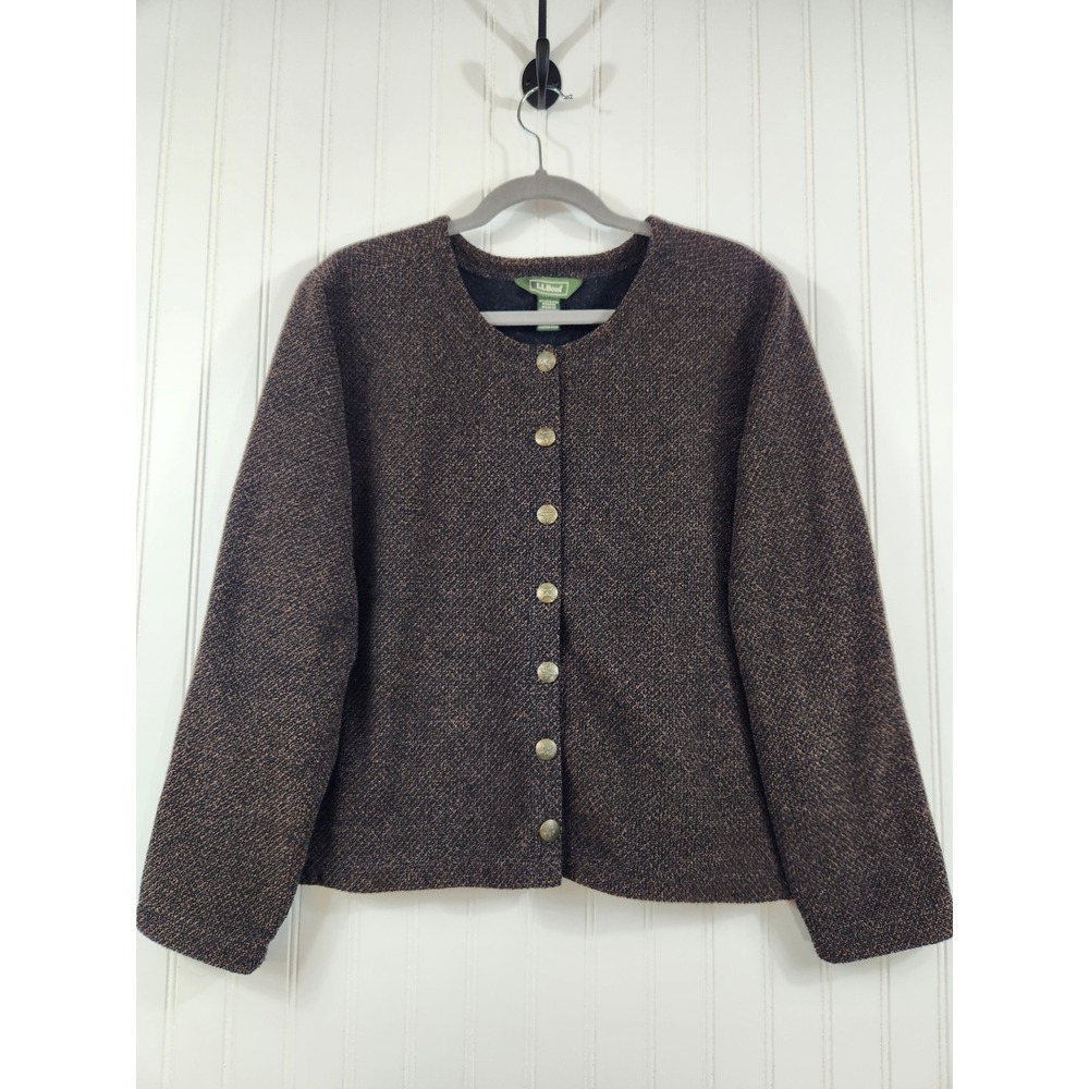 Vintage LL Bean Womens Brown Knit Fleece Lined Cardigan Brass Star Buttons L